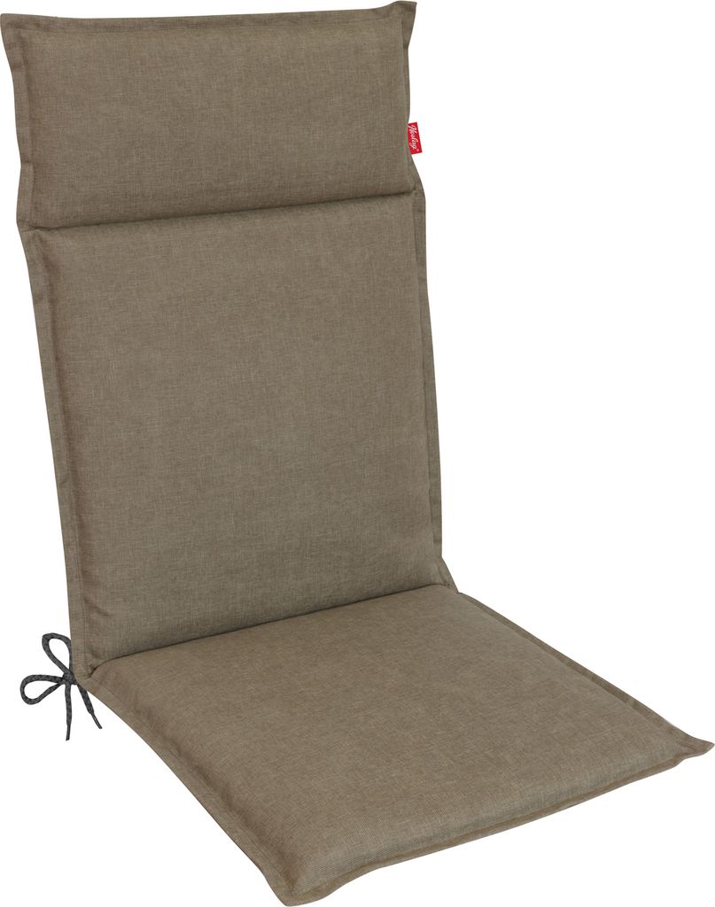 A taupe colored chair cushion on a white background.
