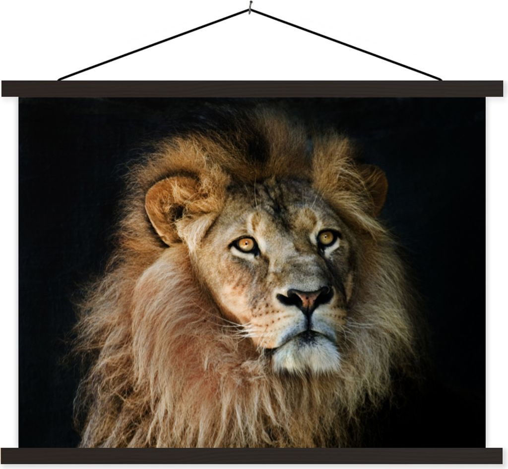 MuchoWow Textilposter Löwen - Profil - Schwarz 120x90 cm mit schwarzem Rahmen - Aufhänger für Poster