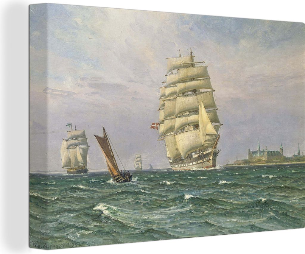 OneMillionCanvasses - Leinwandbilder - 140x90 cm, Dänisches Segelschiff bei Kronborg - Gemälde von Vilhelm Arnesen, Wandbilder Kunstdruck Wandd...