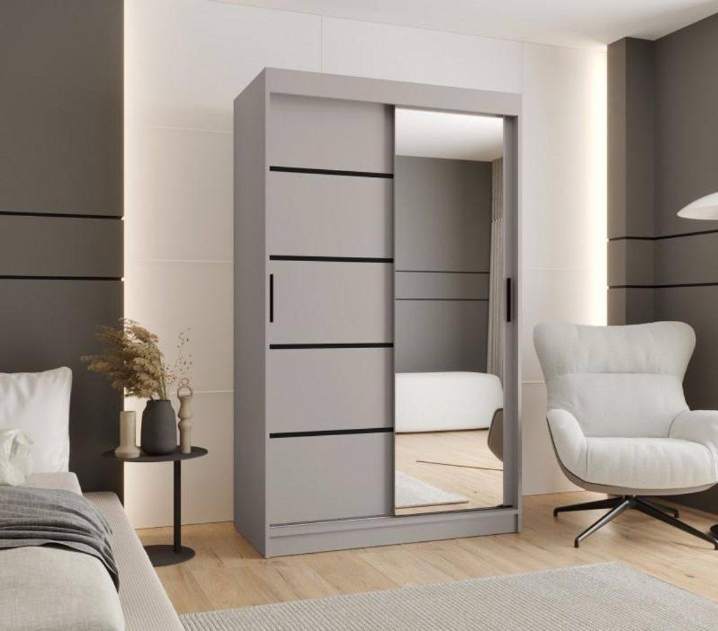 Schmaler Kleiderschrank 120 cm CASANDRA mit Spiegel - Kaschmir/Schwarz