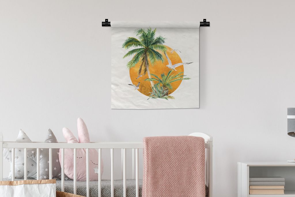 MuchoWow Wandteppich Wandbehang Sonne - Vogel - Palme 60x60 cm Tapisserie Dekoration Wandtuch - Dekorationen - Wand Decke