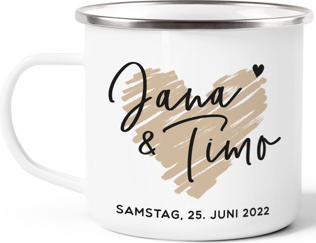 Emaille-Tasse personalisiert Hochzeit Hochzeitstag Jahrestag mit Namen und Datum Hochzeitsgeschenk Herz SpecialMe emaille-weiß-silber standard