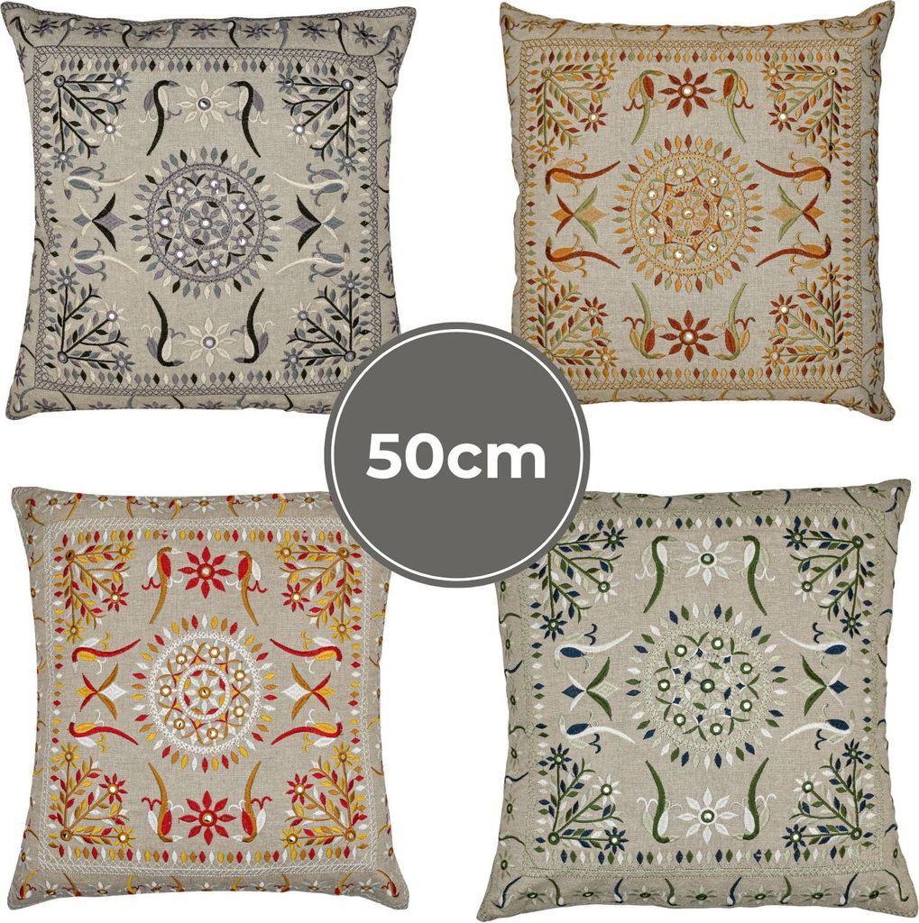 Marrakesch 4er Set Kissenbezug Kissen 50x50 cm groß | Sofakissen Kuschelkissen aus Baumwolle bestickt als Wohnzimmer Deko auf dem Sessel & Sofa | ...