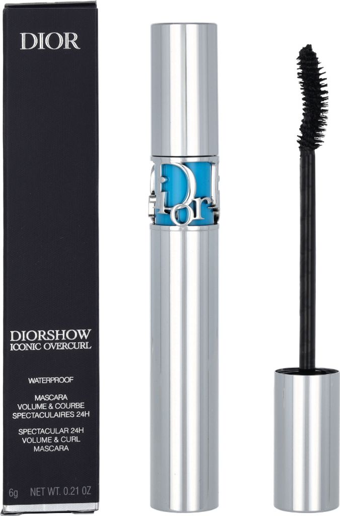 A product shot of Dior Diorshow Iconic Overcurl Waterproof Mascara, including its packaging and the mascara wand.