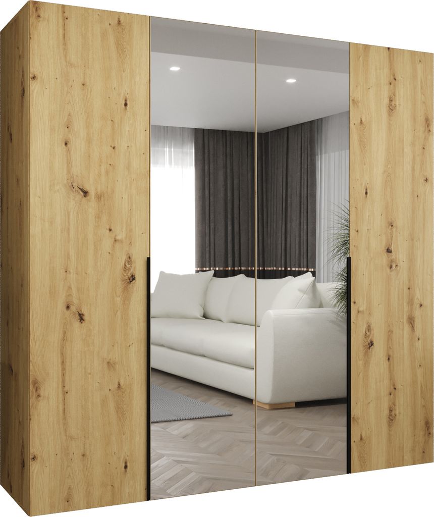 MEBLE KRYSPOL, Kleiderschrank Spiegel, 200x202x52, Artisan Eiche, Griff Schwarz