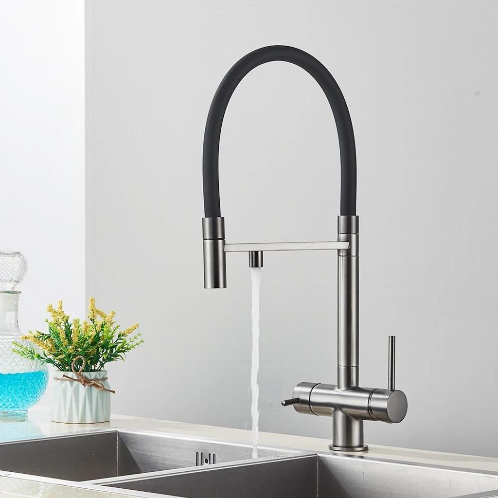 Küchenarmatur - Ausziehbrause - Filter-/Trinkwasser - Zweigriff - Warm/Kalt - Keramikkartusche - Messing - Silbergrau