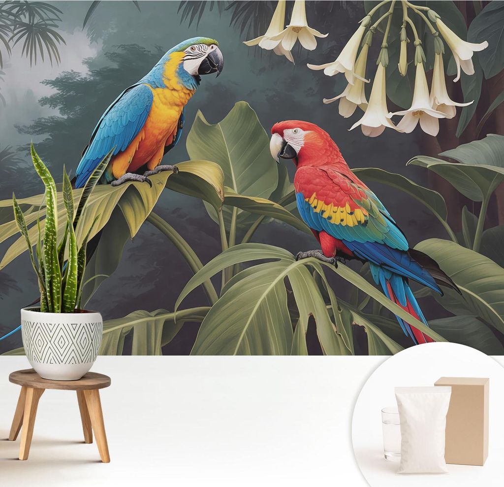 Fototapete - 208x146 cm - Tapete - Wandtapete - Wandbilder - Dekofolie - Tapete Folie - Wand - Dekoration - Wohnzimmer - Bunte Papageien