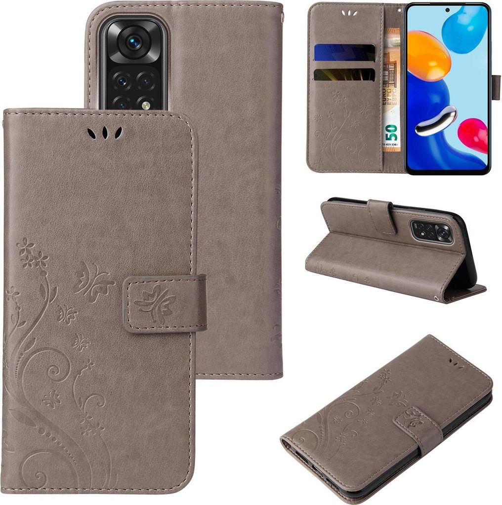 Handyhülle für Xiaomi Redmi Note 11 Floral Blumen Schmetterling Flip Cover Hülle Case Klapphülle Handytasche Farbe: Grau
