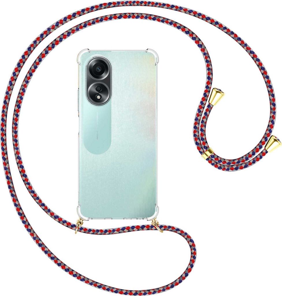 Handykette Backcover-Schutzhülle mit Band (Metall goldfarben) für Oppo A58 4G (CPH2577) - silber/blau/rot