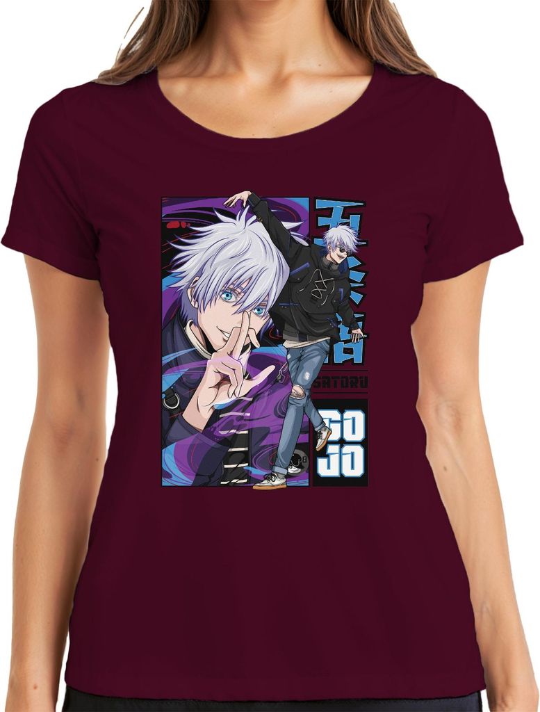 Satoru Gojo Jujutsu Kaisen weißes Haar Haar blaue Augen Fan Damen T-Shirt, Burgundy, XL