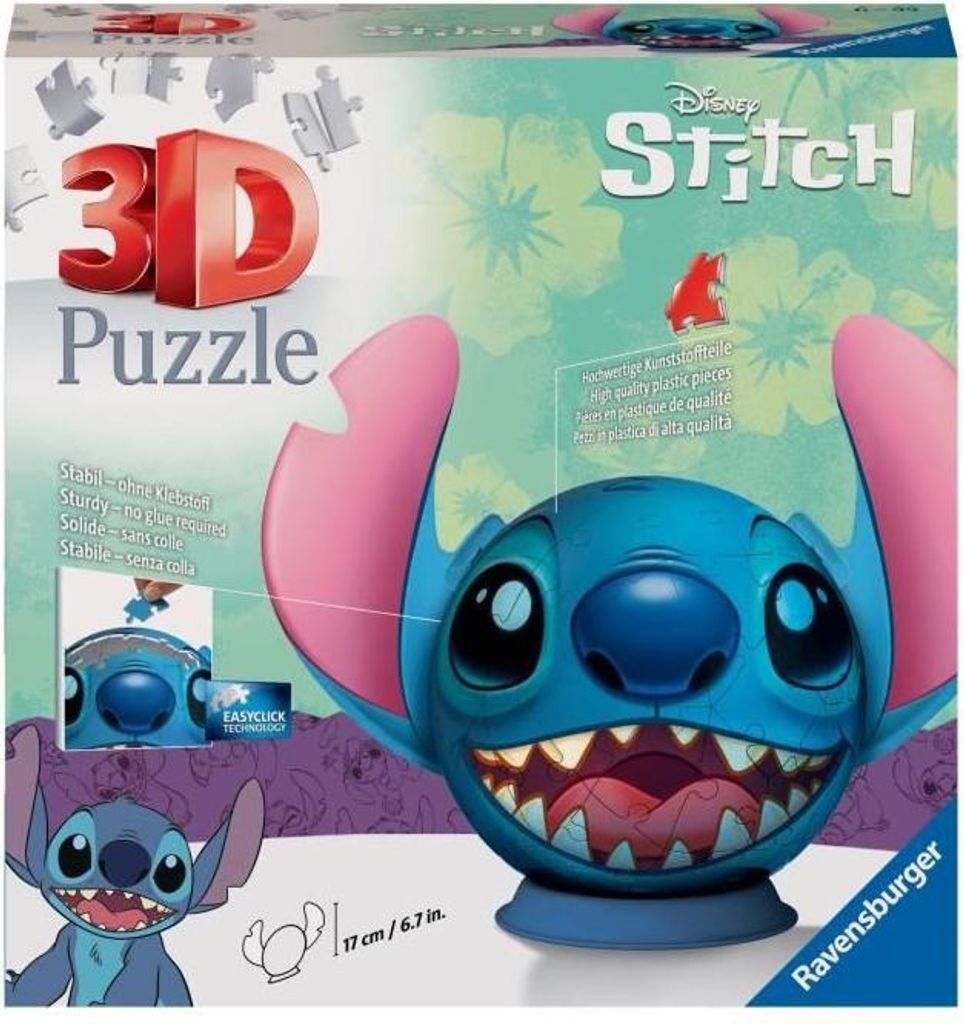 3D Puzzle Ball, Disney Stitch, 72 nummerierte Teile, Ravensburger, Ab 6 Jahren, Einfache Montage, Stabilität ohne Kleber