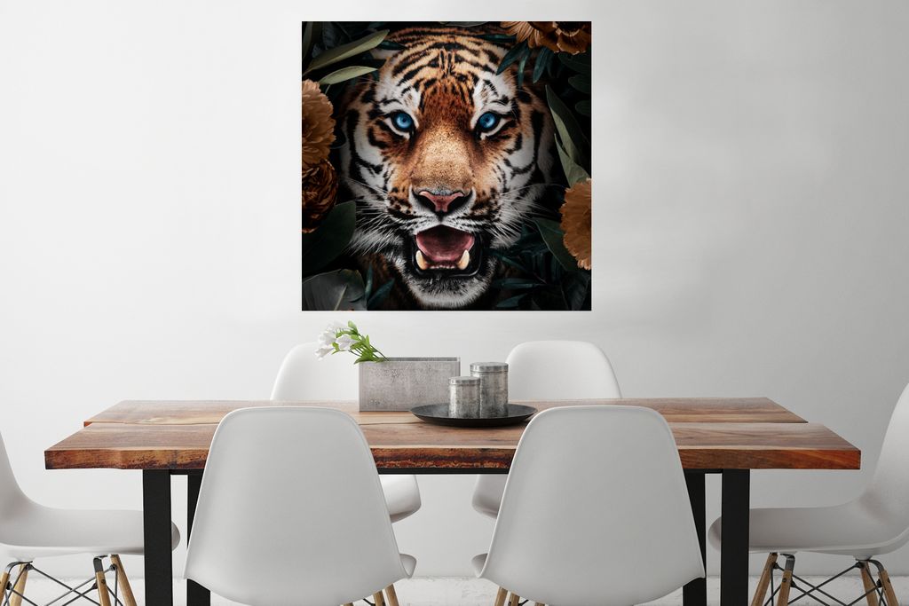 MuchoWow Poster Tiger - Blatt - Blumen 75x75 cm - Wand Dekoration