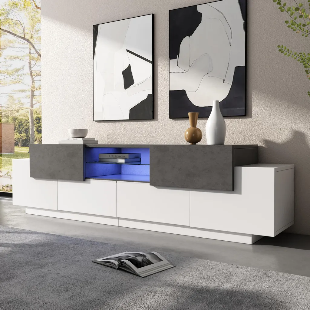 Meuble TV 180cm avec Éclairage LED RGB et Finition Marbre Blanc et Gris