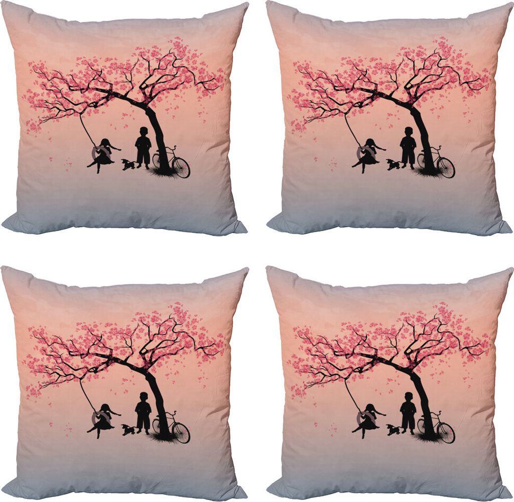 ABAKUHAUS Baum des Lebens Kissenbezug Set (4 Stück), Frühling Blossom, Moderner Doppelseitiger Digitaldruck, 40 cm x 40 cm, Pink Schwarz