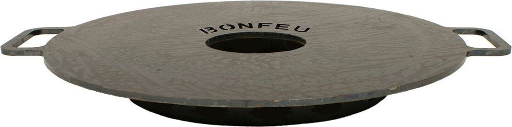 A round, gray grill plate with handles and a central opening, with the brand name "BONFEU" visible on its surface.