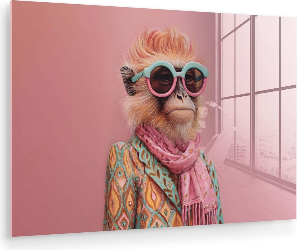 MuchoWow Glasbilder - Bilder auf Wandbild - Foto auf Glas Halstuch - Affe - Sonnenbrille - Jacke 60x40 cm Wanddekoration aus Glas - Acrylglasbild -...