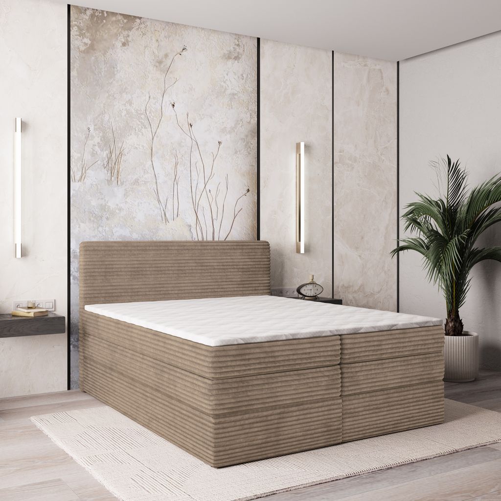 Masseno Boxspringbett LUNERA 140x200 cm Komplett-Set mit Bonell Matratze und Topper, Polsterbett mit Bettkästen -Beige, TILIA 17