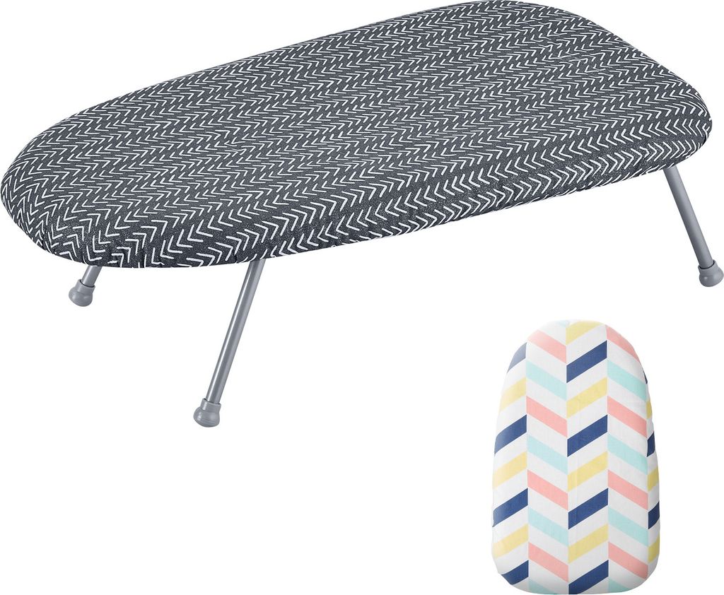 A small ironing board with a patterned cover and a separate patterned cover shown below it.