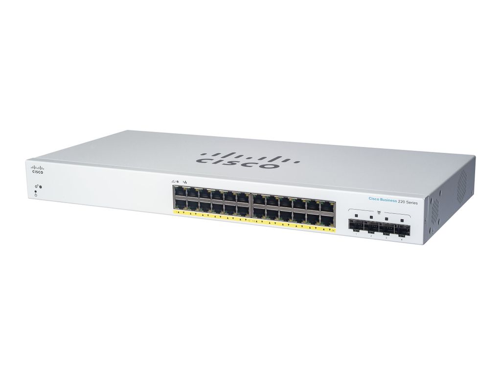 Cisco CBS220-24T-4G managed Layer2 Switch: - 16x10/100/1000 Base-T (RJ45) + 4x1GE SFP Uplink Ports, - Switching Capacity:56Gbps, incl. rack-&wallmo...