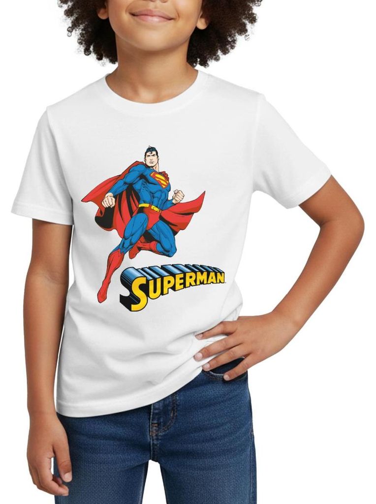 Spreadshirt DC Comics Superman Pose + Schriftzug Kinder T-Shirt, 110/116 (5-6 Jahre), Weiß