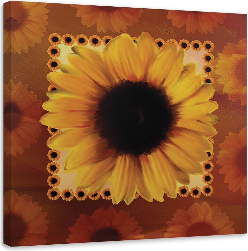 Leinwandbild eine sonnenblume vor einem hintergrund aus kleineren sonnenblumen 50x50 cm Feeby gelb wandbild bereit zum aufhängen