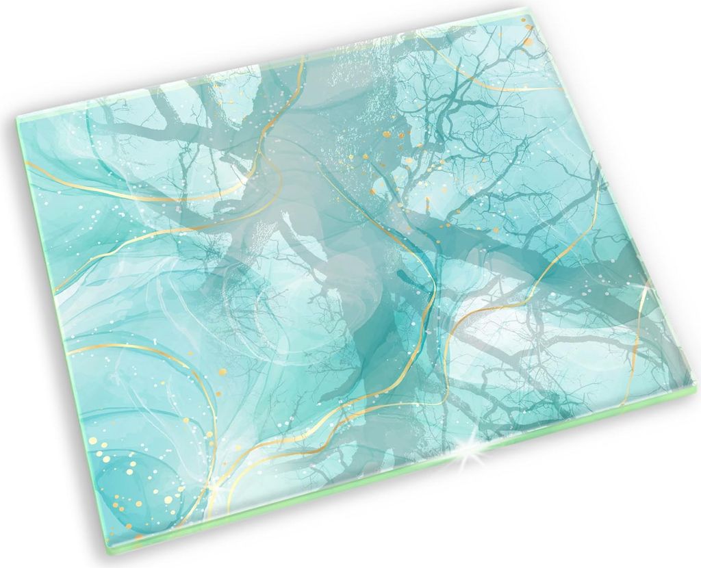 Glasplatte für Grabkerzen Gummifüße Glas Motiv - 60x52 cm - Blaugoldene Abstraktion