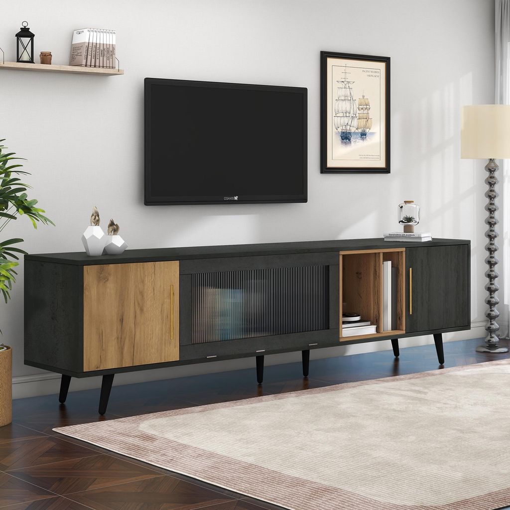 STILVORA TV-Schrank für einen 90-Zoll-Fernseher geeignet, TV-Ständer mit zwei Schranktüren auf jeder Seite, mit herunterklappbaren Tür aus Chan...
