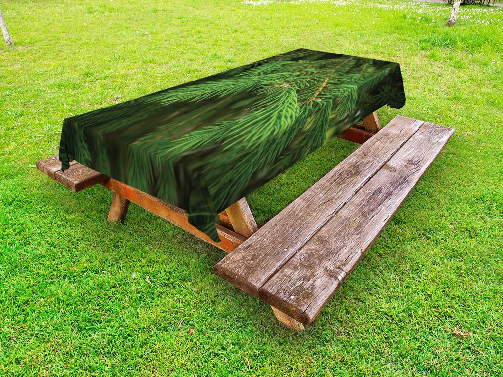ABAKUHAUS Immergrün Tischdecke Outdoor, Muster der Zweige einer Tanne Nahaufnahme Bild mit einem unscharfen Hintergrund, Farngrün Grün, 145x210cm