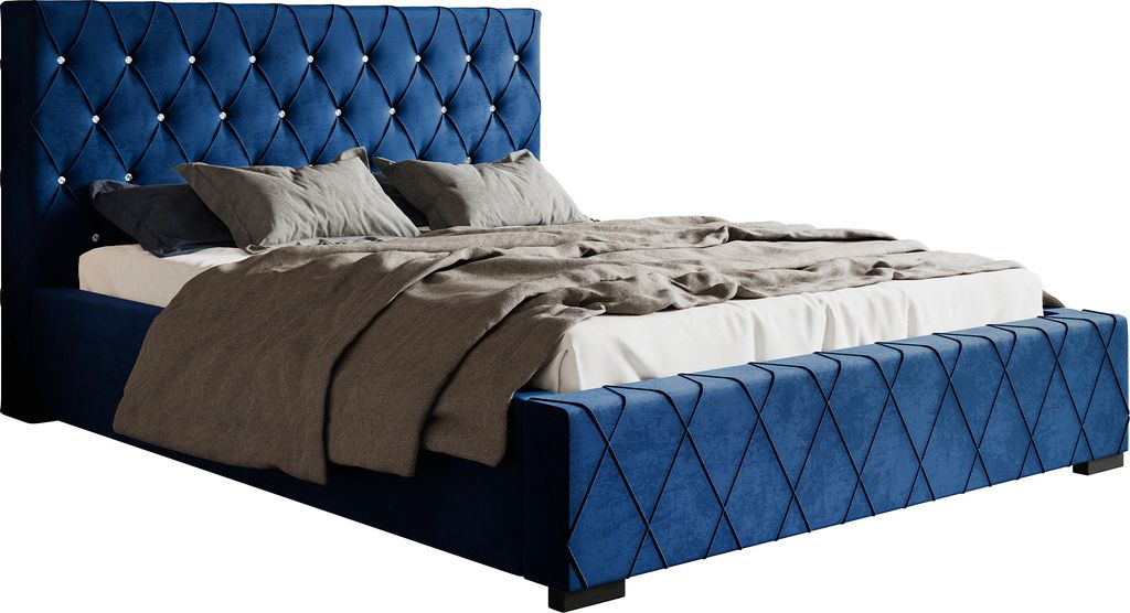 MOTIVENA "Niko" Polsterbett mit Bettkasten, 120x200, Samt, Blau, Chrom Füße