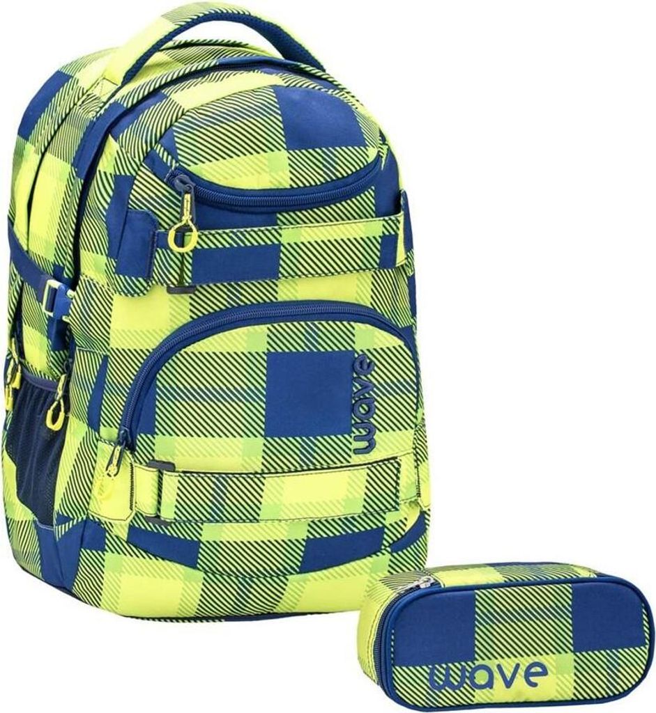 Wave Schulrucksack 30L Set mit Schlamper NEON PATTERN 5 Klasse Mädchen Jungen