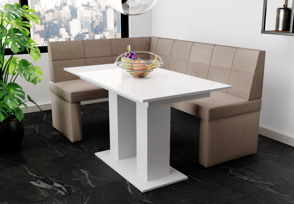 Eckbankgruppe 168x128 cm BLAKE R Stoff Soro Taupe / Esstisch DANTE Weiß HGL