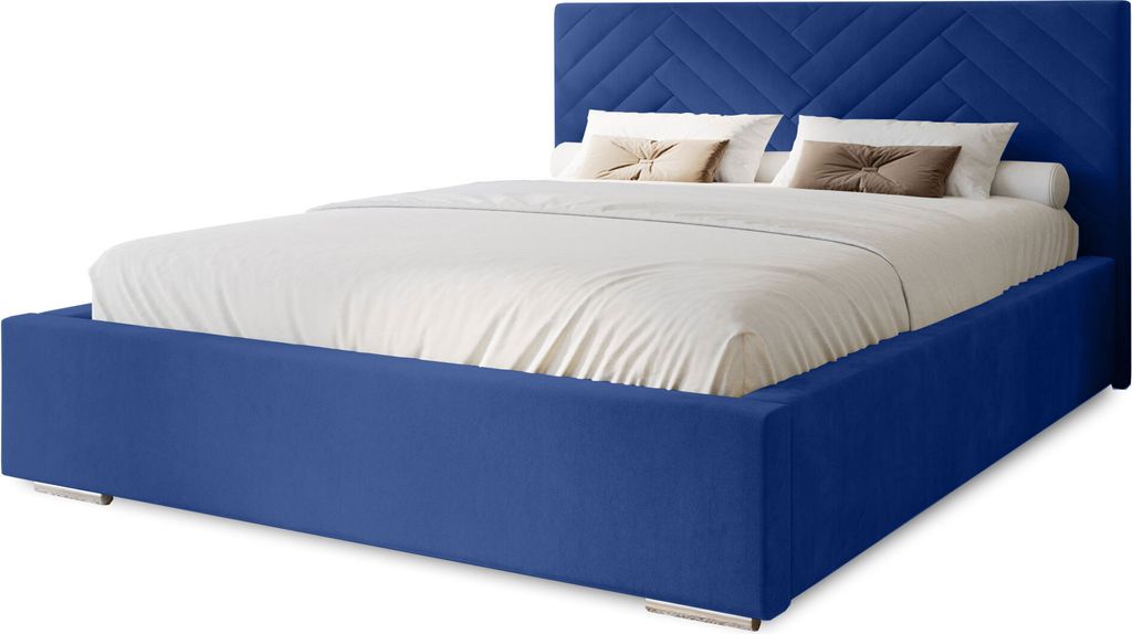 Polsterbett Aura 200x200 cm, Bett mit Kopfteil, Doppelbett mit Bettkasten und Lattenrost aus Holz, Velourstoff: Dunkelblau