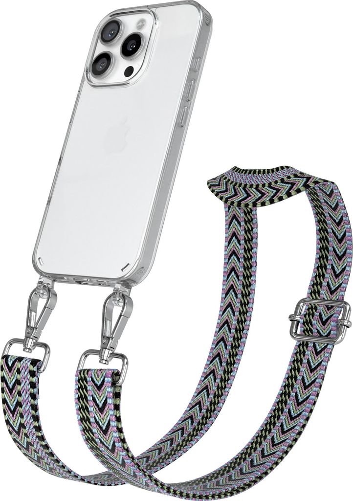 Apple iPhone 16 Pro Chain Eyelets Slim Neck Strap Set Zig Zag light Purple - Green 14 Metall Silver