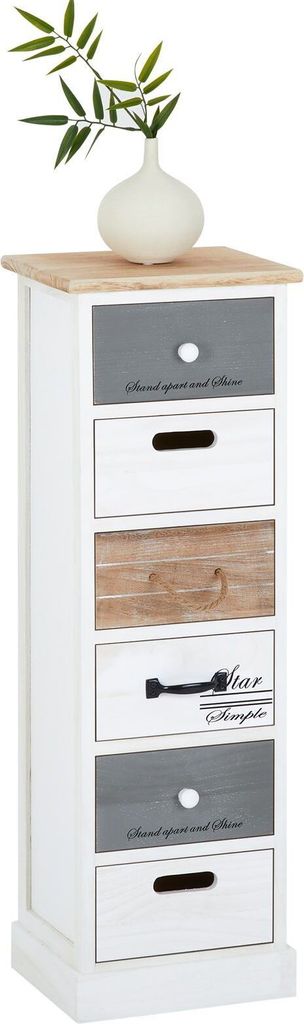 Kommode SALVA aus leichtem Paulowinaholz, weiß - schmaler Schubladenschrank, Shabby Chic Standregal Aufbewahrungsregal im Vintage Look, 6 Schubladen