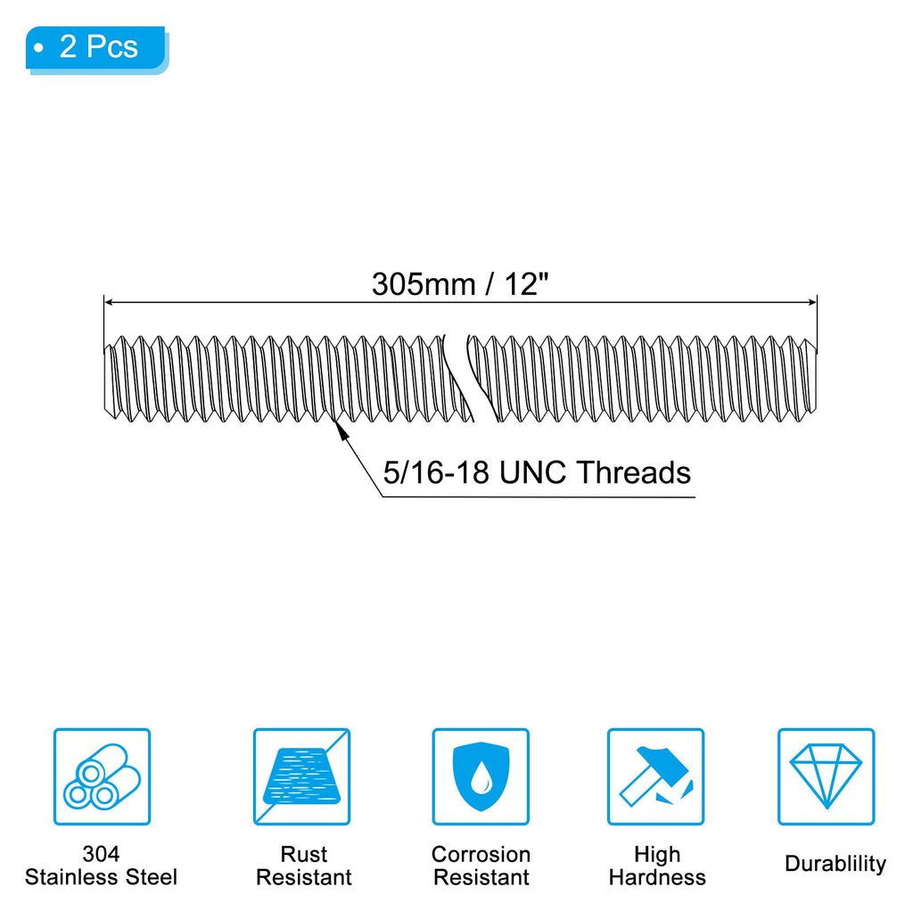 5/16"-18 UNC 304 Edelstahl Gewindestange, 2 Stš¹ck 305mm L?nge Langgewindeschraube Gewindestangen Gewindestab Gewindestifte fš¹r Verankerungssc...