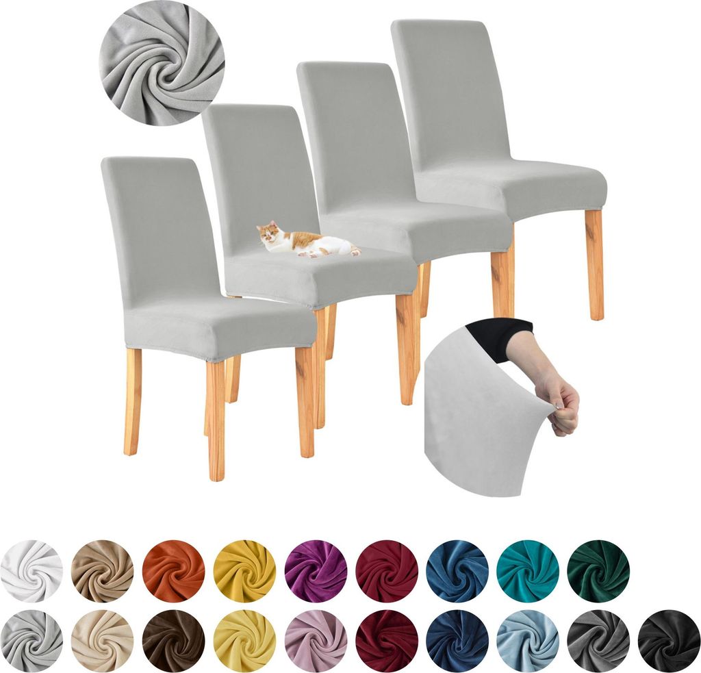 MEBLE ODNOWA, Stuhlhusse, Stuhlbezug, Standardgröße, Samt, Hellgrau, 4er Set, Velours, elastisch, Stuhlbezüge, Stuhlhussen, maschinenwaschbar