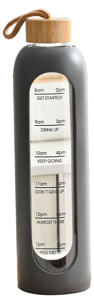 Glas-Trinkflasche mit 1 Liter Fassungsvermögen, Zeitmarkierung, Silikonhülle, auslaufsicherem Trinkverschluss und breiter Öffnung