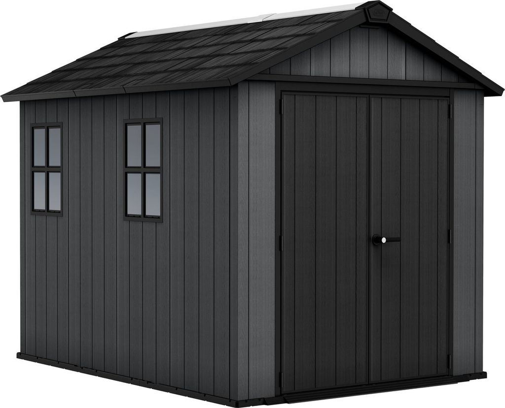 A dark gray plastic garden shed with a dark gray roof and black double doors. It has two small windows on the side.