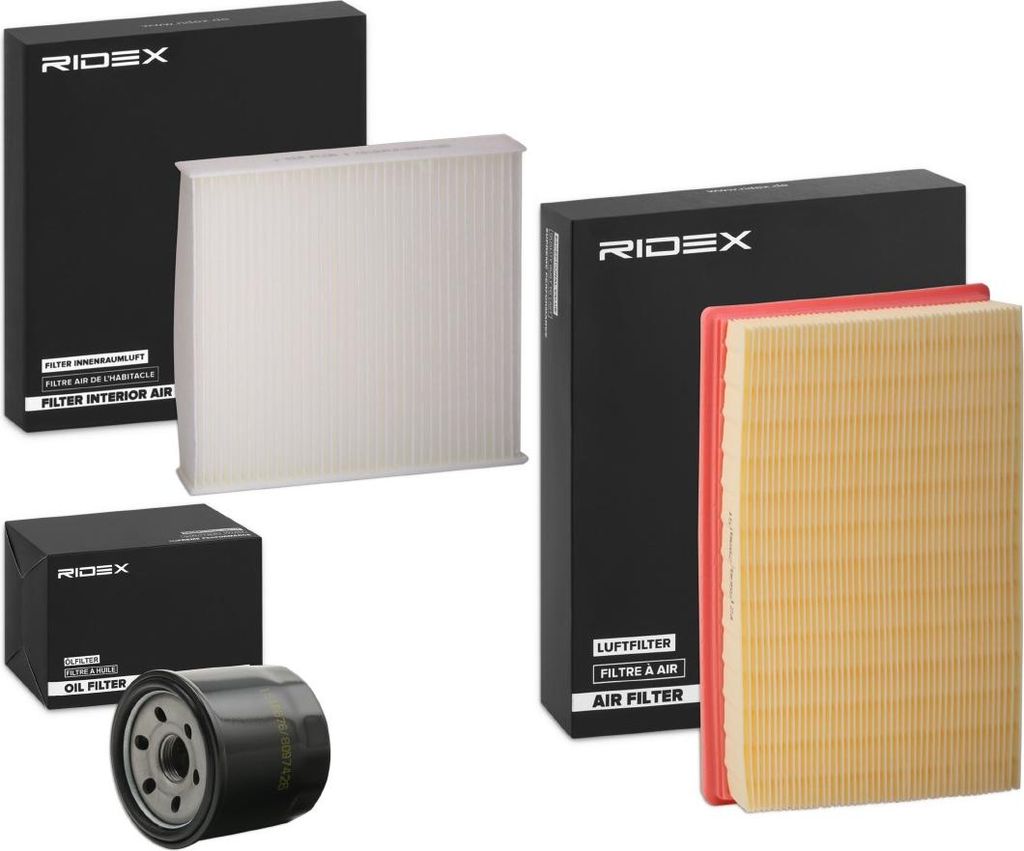 RIDEX Filterset Inspektionspaket Filtersatz für VW Golf V Schrägheck (1K1) für AUDI A4 Limousine (8K2, B8) für CITROËN C3 II (SC) für SUZUKI ...
