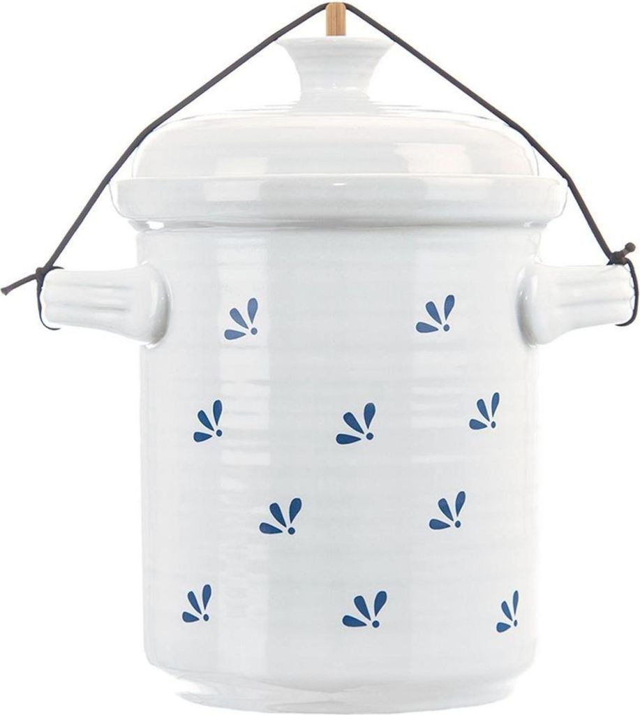 A white ceramic pot with blue floral motifs, suspended by a black string.