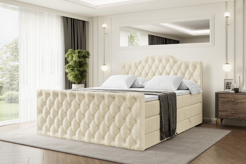 ALTDECOR Boxspringbett mit Fußteil, 2 Matratzen und Topper - 160x200 cm - VILA-1-Z KING - Beige Samt - Polsterbett mit, H3- und H4- Matratzen, Bet...