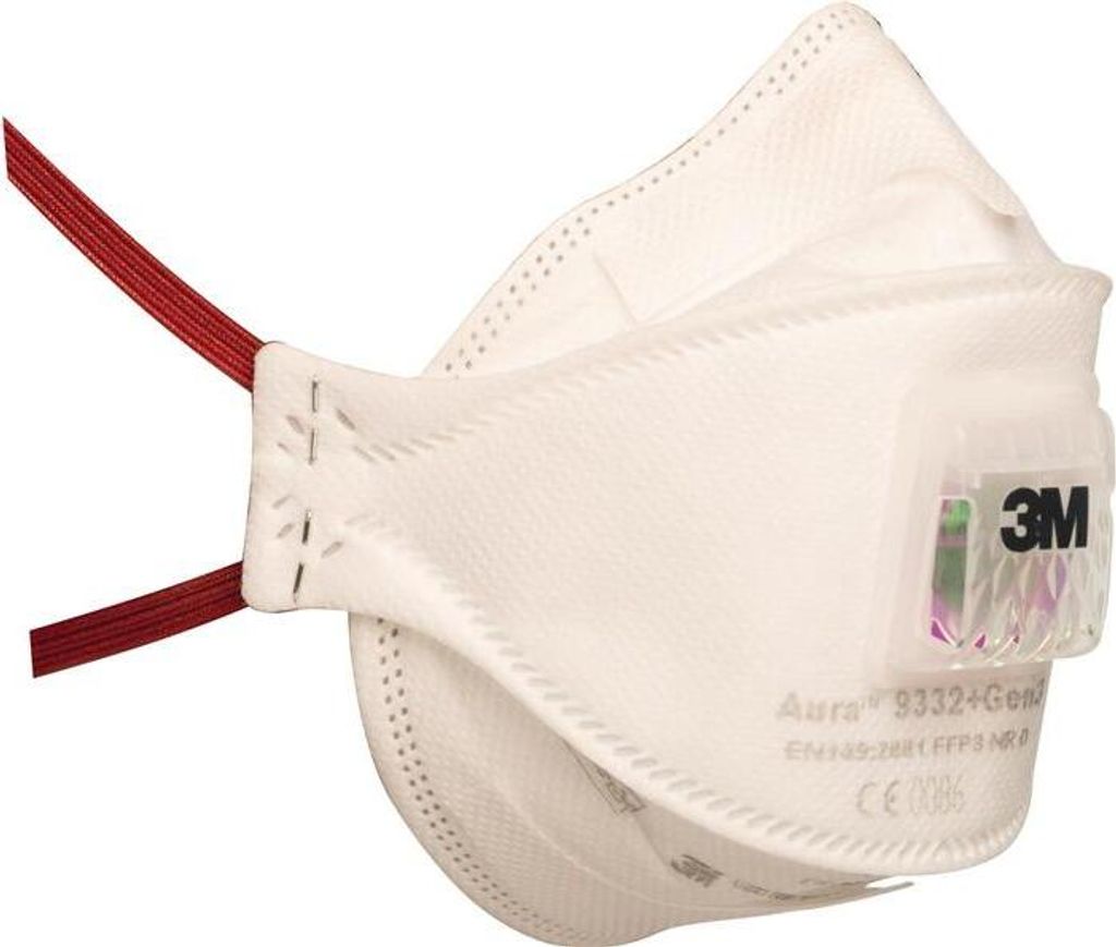 A white 3M Aura 9332+ Gen3 FFP3 respirator mask with a red elastic strap and a clear exhalation valve with the 3M logo.