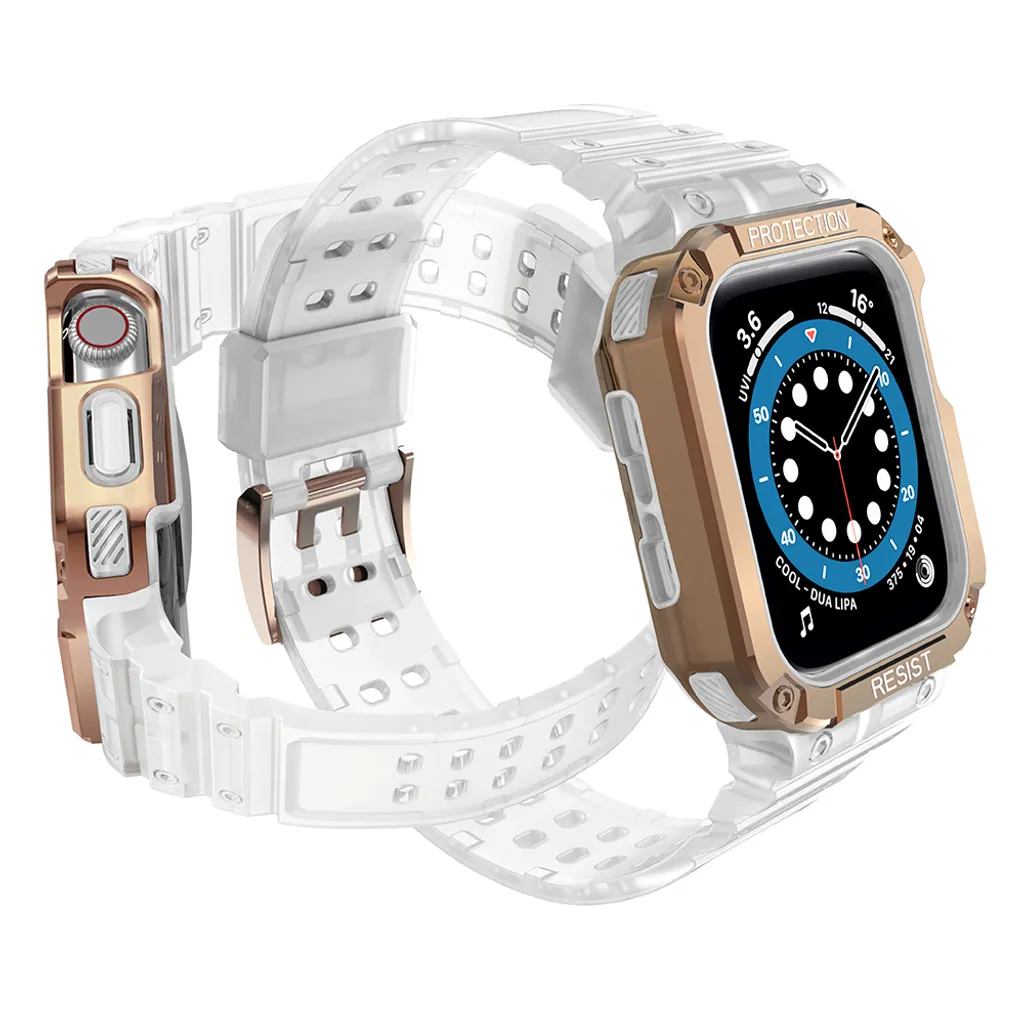 Banda di cinturino di protezione con custodia per Apple Watch 7 / 6 / 5 / 4 / 3 / 2 / Se (45 / 44 / 42Mm) Custodia per orologio blindata Trasparente / Oro Rosa