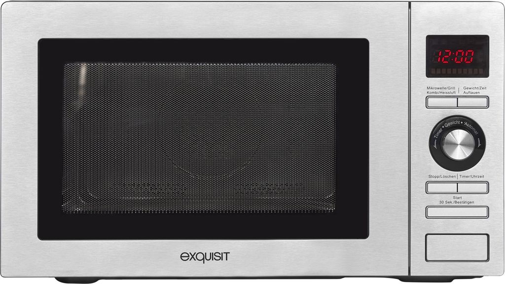A silver and black microwave oven is shown from the front.