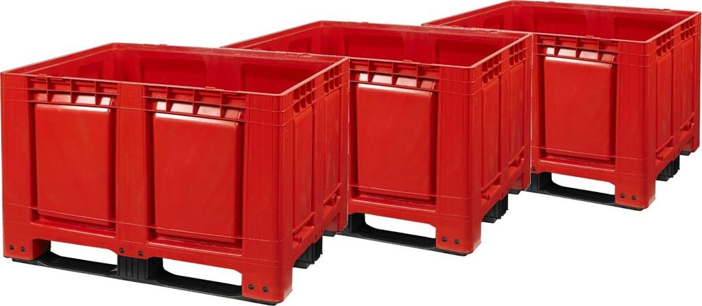 3 Stück Palettenboxen 1200x1000x790 mm Rot - 3 Kufen - 680L