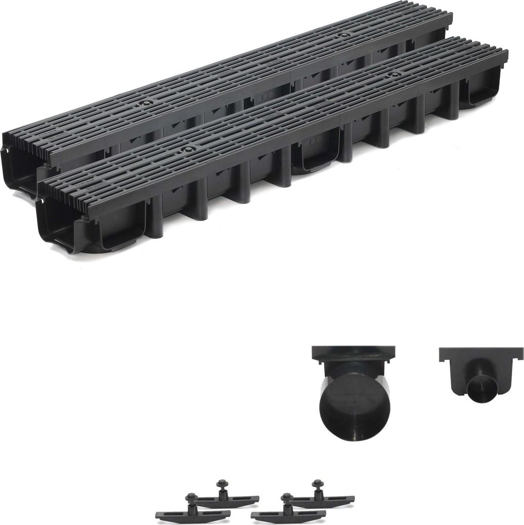 2m Entwässerungsrinne für modulares System A15 98mm, komplett Stegrost Kunststoff, Schwarz Line