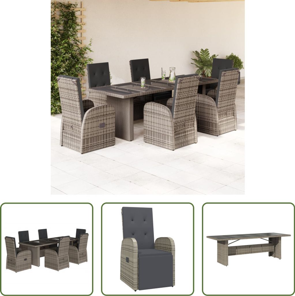 The Living Store 7-tlg. Garten-Essgruppe mit Kissen Grau Poly Rattan