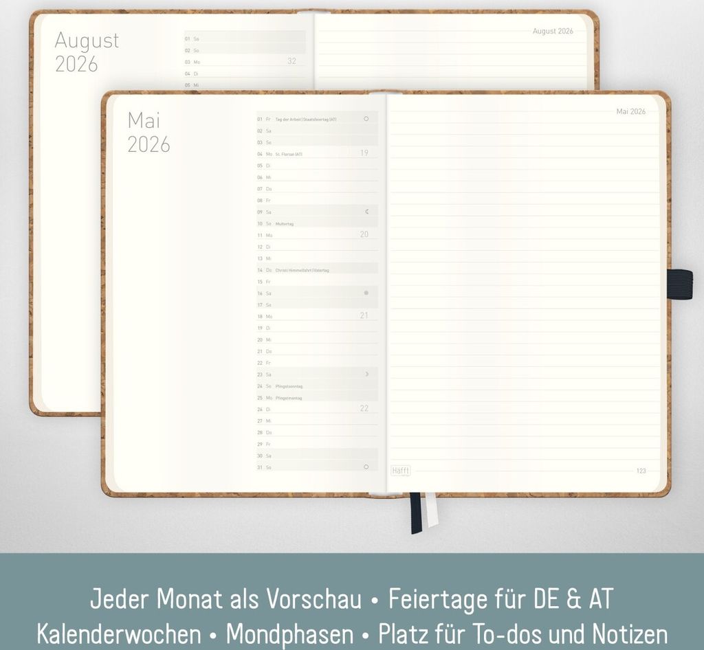 Wochen-Notiz-Timer Classic 2025/2026 / 18 Monate / A5 / Kork / Häfft Verlag