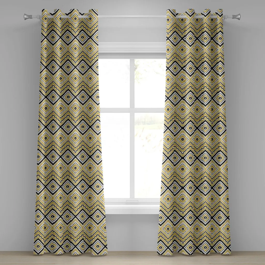 Rideau occultant anti vis-à-vis 280x245 cm, décor tribal jaune noir blanc