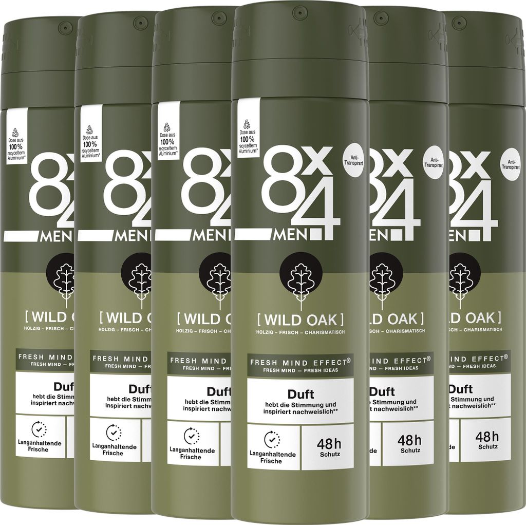 8x4 Deo Spray Wild Oak 6 x 150ml maskulin-holzig Fresh Mind Effect